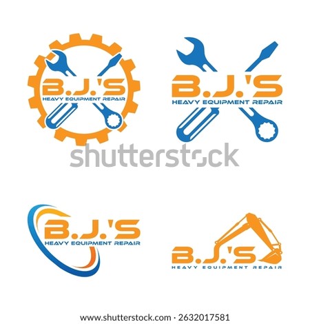 Four logo designs for “B.J.'S Heavy Equipment Repair” with construction tools, gear, swoosh, and excavator graphics