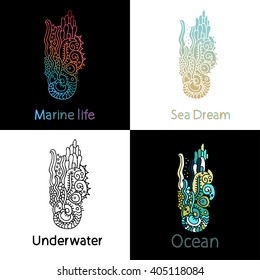 Four logo designs with marine motives on black and white squares. EPS 10.