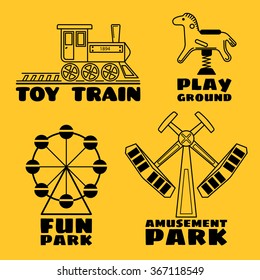 Four logo in line style on a yellow background. Toy train, playground, fun park and amusement park. Vector icon set.