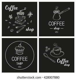 Four logo on black cards for coffee shop. Coffee illustration design elements vintage vector. Vector. Isolated.