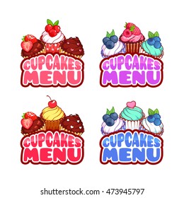 Four logo template with cupcakes for menu design.  Vector illustration isolated on a white background.