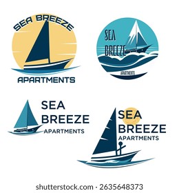 four logo variants, each of which represents the concept of a sailboat against the backdrop of the sea and the sun - a symbol of freedom, relaxation and nature. The logo contains a sea, a sailboat, a 
