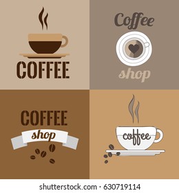 Four logos of coffee shops with cups and inscriptions on brown backgrounds