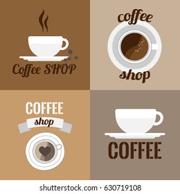 Four logos of coffee shops on brown backgrounds