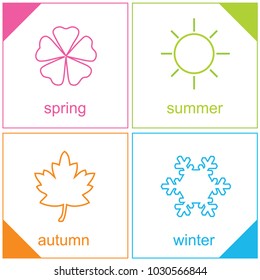 Four logos and four colors representing each season on a black background./ Vector design./ The symbol of the seasons. 
