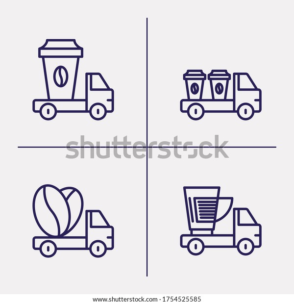 Four logos for street cafe contains\
coffee truck with thin line icons of coffee machine, cup, bag and\
beans. Coffee delivery, takeaway. Vector\
illustration.