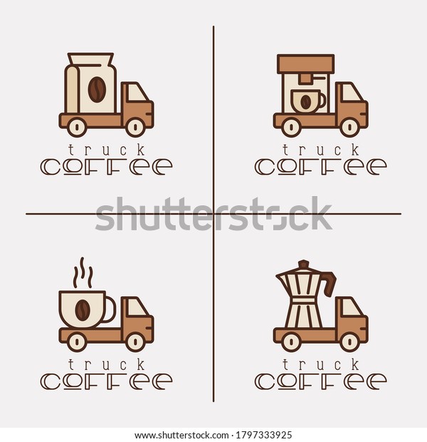 Four logos for street cafe contains coffee\
truck with thin line icons of coffee machine, coffee maker, bag and\
beans. Vector\
illustration.