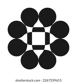 Four long metaballs, negative space icon. A squared symbol made from blobs morphed together. Isolated on a white background.