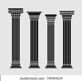 Four Long Roman And Greek Stylized Classic Columns. Ancient. Black Color. Vector Illustration, Isolated. On Gray Background