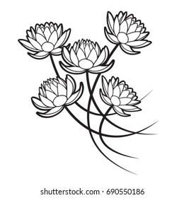 four lotus flowers in black outline-vector drawing