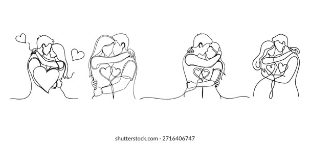 Cuatro Pareja de Amor Abrazando Línea Continua Arte Conjunto Concepto de Conexión Romántica