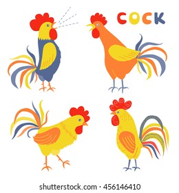 Four lovely cockerels on a white background. Illustration in flat style. Cocks crowing. Cock-a-doodle-doo . Rooster symbol of Chinese New Year svg