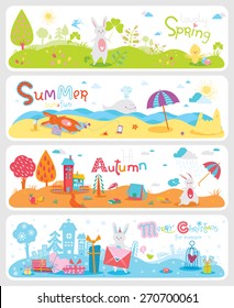 Four lovely horizontal seasonal banners with cute rabbit and inspirational text in vector for stickers, bookmarks and different kinds of childish accessories. Spring, summer, autumn, winter.