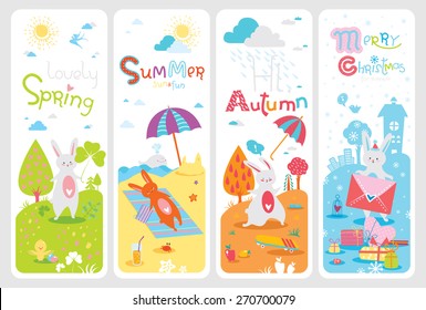 Four lovely seasonal banners with cute rabbit and inspirational text in vector for stickers, bookmarks and different kinds of childish accessories. Vertical orientation. Spring, summer, autumn, winter