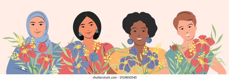 Cuatro encantadoras mujeres de diferentes nacionalidades y culturas se unen en flores de primavera. Amistad de las mujeres, unión de feministas o hermandad. El concepto del movimiento de empoderamiento de la mujer.