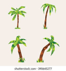 Four lowpoly palm trees. Illustration for design on yellow background