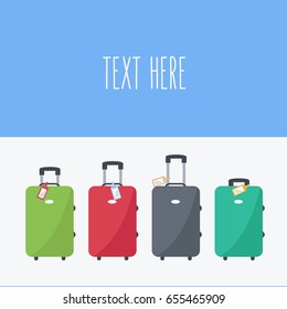 four luggage in the airport. Departing background with space & text on flat design. baggage & suitcases isolated cartoon vector. holiday & vacation for Tourism 