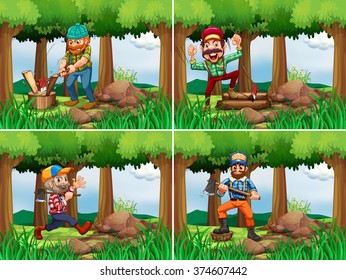 Four lumberjack chopping woods illustration