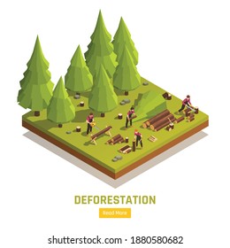 Four lumberjacks sawing felled timber outdoors 3d isometric vector illustration