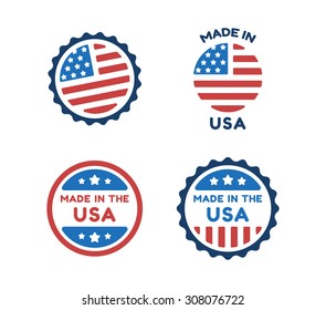 Four Made in USA labels in colors of american flag isolated on white background.