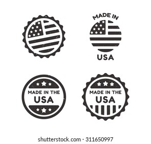 Four Made in USA vintage labels with distressed texture. Isolated on white background.