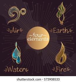 Four magic elements in the style of hand-drawing on a dark background. Sketch Earth, Water, Fire and Air. Drawing for the design of board games, mobile applications.