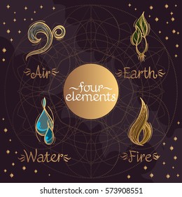 Four magic elements in the style of hand-drawing on a dark background. Sketch Earth, Water, Fire and Air. Drawing for the design of board games, mobile applications.