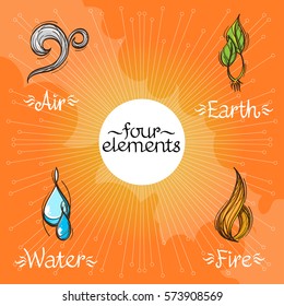 Four magic elements in the style of hand-drawing on an orange background. Sketch Earth, Water, Fire and Air. Drawing for the design of board games, mobile applications.