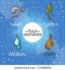 Four magic elements in the style of hand-drawing on a blue background. Sketch Earth, Water, Fire and Air. Drawing for the design of board games, mobile applications.