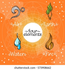 Four magic elements in the style of hand-drawing on an orange background. Sketch Earth, Water, Fire and Air. Drawing for the design of board games, mobile applications.