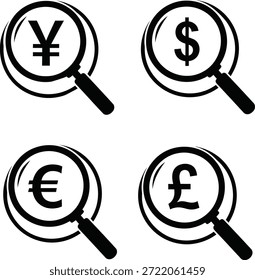 Cuatro lupas examinando diferentes símbolos de moneda bajo yuan de inspección cercana