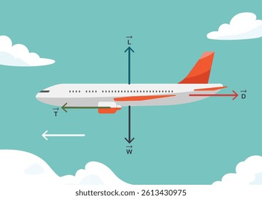 Four main different forces an airplane is undergoing. The forces affect the flight abilities of planes and birds. Vector illustration