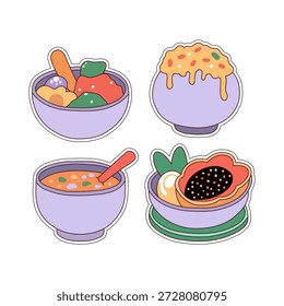 Cuatro pegatinas de comida principales usando un tazón púrpura