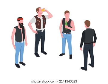 Four male bikers drinking beer isometric characters isolated on white background vector illustration
