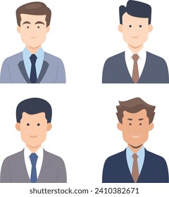 Four male characters in business attire. Corporate men avatars with different hairstyles. Professional male team portrait vector illustration.
