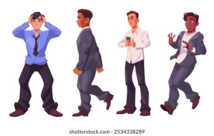 Quatro personagens masculinos em várias poses emocionais. Ilustração vetor de desenhos animados conjunto de homem diverso estressado, andando confiantemente de terno, verificando seu telefone, surpreso ou chocado em roupas desarrumadas.