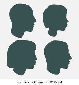 Four male, female and children silhouettes in profile. Flat vector on separated background.