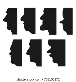 Four male, female and children silhouettes in profile. Flat vector on separated background.