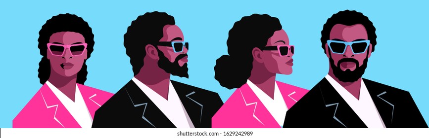 Four male and female portraits of young africans, side and front views. Curly hair, sunglasses, suits. Vector illustration