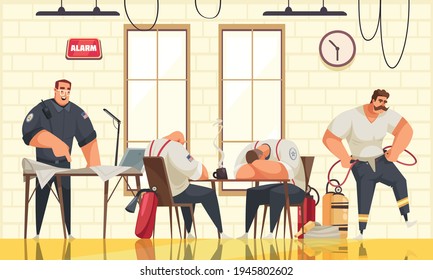 Four male firefighters having rest at fire station cartoon vector illustration