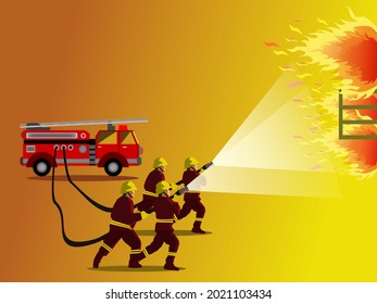 Four male firefighters spraying water on a burning building with fire trucks and yellow in the background.