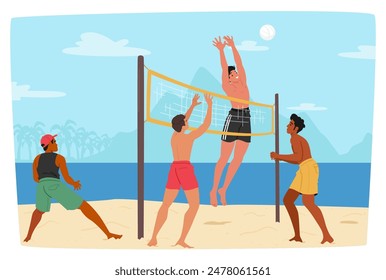 Cuatro Personajes De Amigos Masculinos Participando En Un Animado Juego De Voleibol De Playa Junto Al Mar. El Escenario Del Vector De Dibujos Animados Capta La Esencia Del Verano, El Trabajo En Equipo Y Las Divertidas Actividades Deportivas En Un Día De Playa Soleado