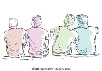 Four male friends hanging out  laughing   discussing  sitting backward the ground  simple line art hand drawn vector color illustration