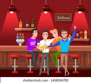 Four male friends sitting in bar together and clinking with beer glasses. Group of young man celebrating and drinking alcohol in red pub. Bachelors party vector. Flat cartoon