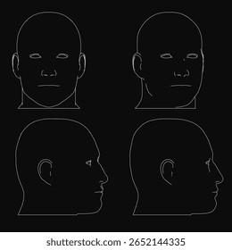 Four male heads with distinct facial expressions and varying shapes are lined up on a black background. Each face displays unique features, from prominent eyes to defined noses.