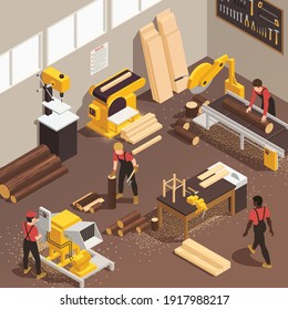 Four male lumberjacks working with logs of wood at sawmill 3d isometric vector illustration