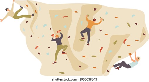 Four man making bouldering on a climbing wall indoor. Colourful vector illustration. Rock climbers in the climbing gym