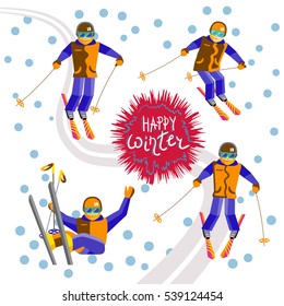 Four Man skier - skiing or sitting on a mountain slope. One character bearded man in different poses having fun in the snow. Flat vector cheerful skier