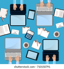 Four Man Work on Laptop. Top View. Work Process Concept with laptop, smartphone  and cup of cofee. Flat Vector Illustration