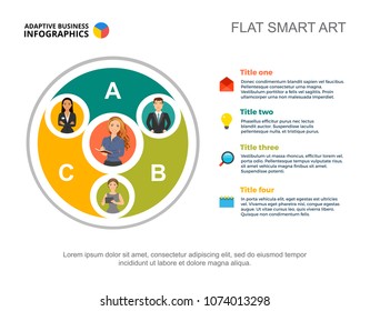 Four managers team process chart template for presentation. Business data. Abstract elements of diagram, graphic. Strategy, idea, management or marketing creative concept for infographic, project.
